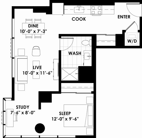 Floor plan for studio, 1 bath, 689 sqft
